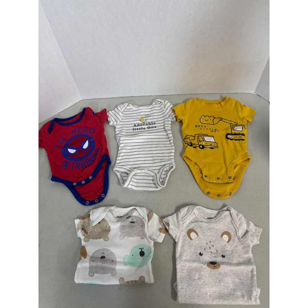 Carters Marvel Baby Bodysuits Lot 5 Short Sleeve 3M 3-6M Spiderman Construction‎